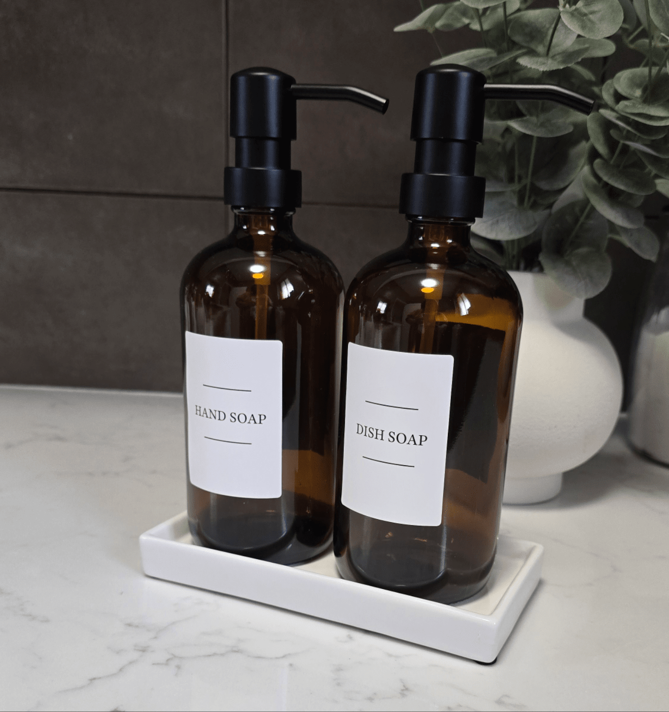 Amber Bottle Set Set of 2 pump bottles w/tray & labels 