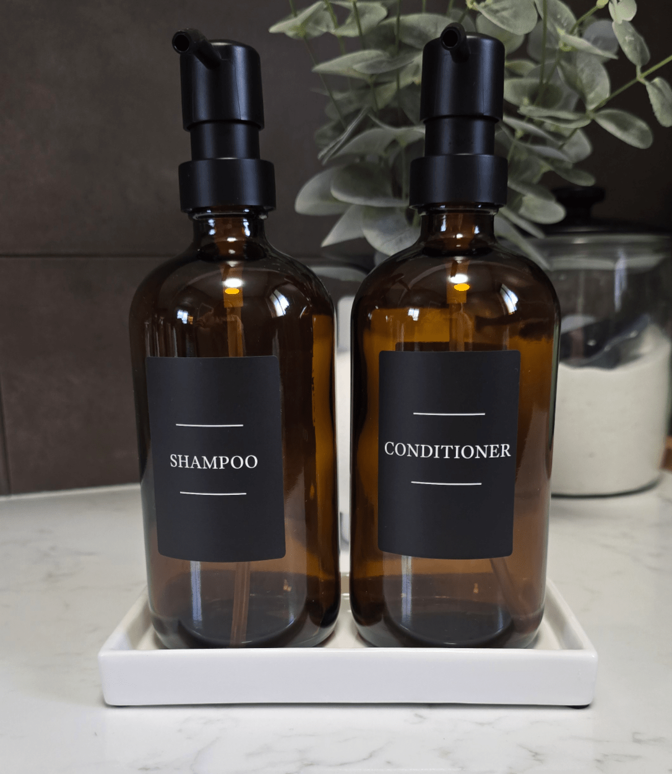 Amber Bottle Set Set of 2 pump bottles w/tray & labels 