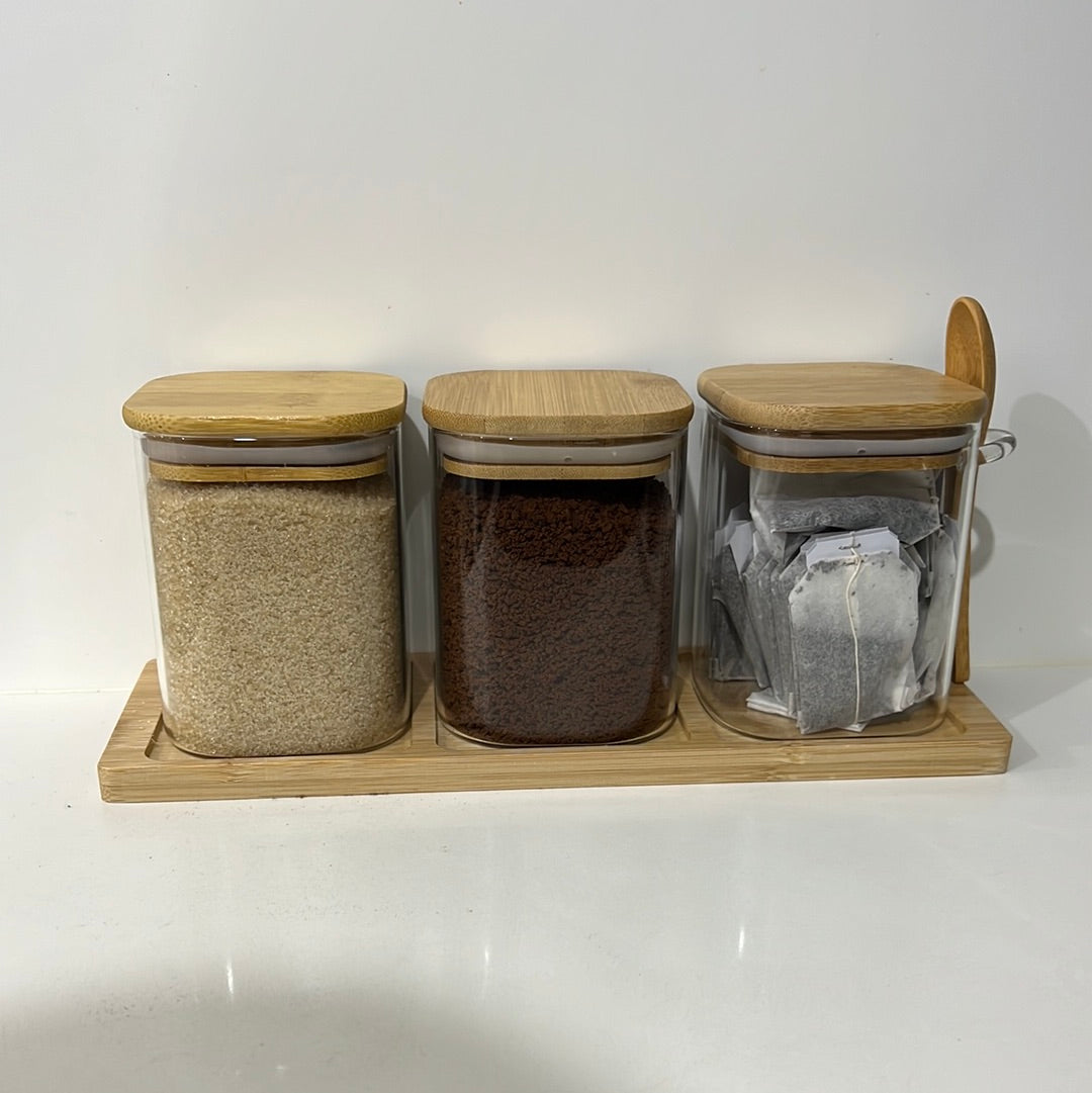 Bamboo Glass Trio - Square Set of 3 - 500ml glass canisters 