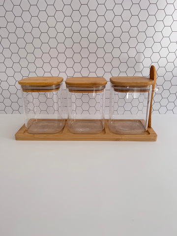 Bamboo Glass Trio - Square Set of 3 - 500ml glass canisters 